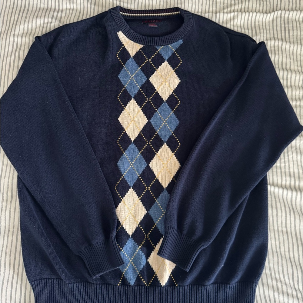 Jantzen Blue and White Argyle Crewneck Sweater